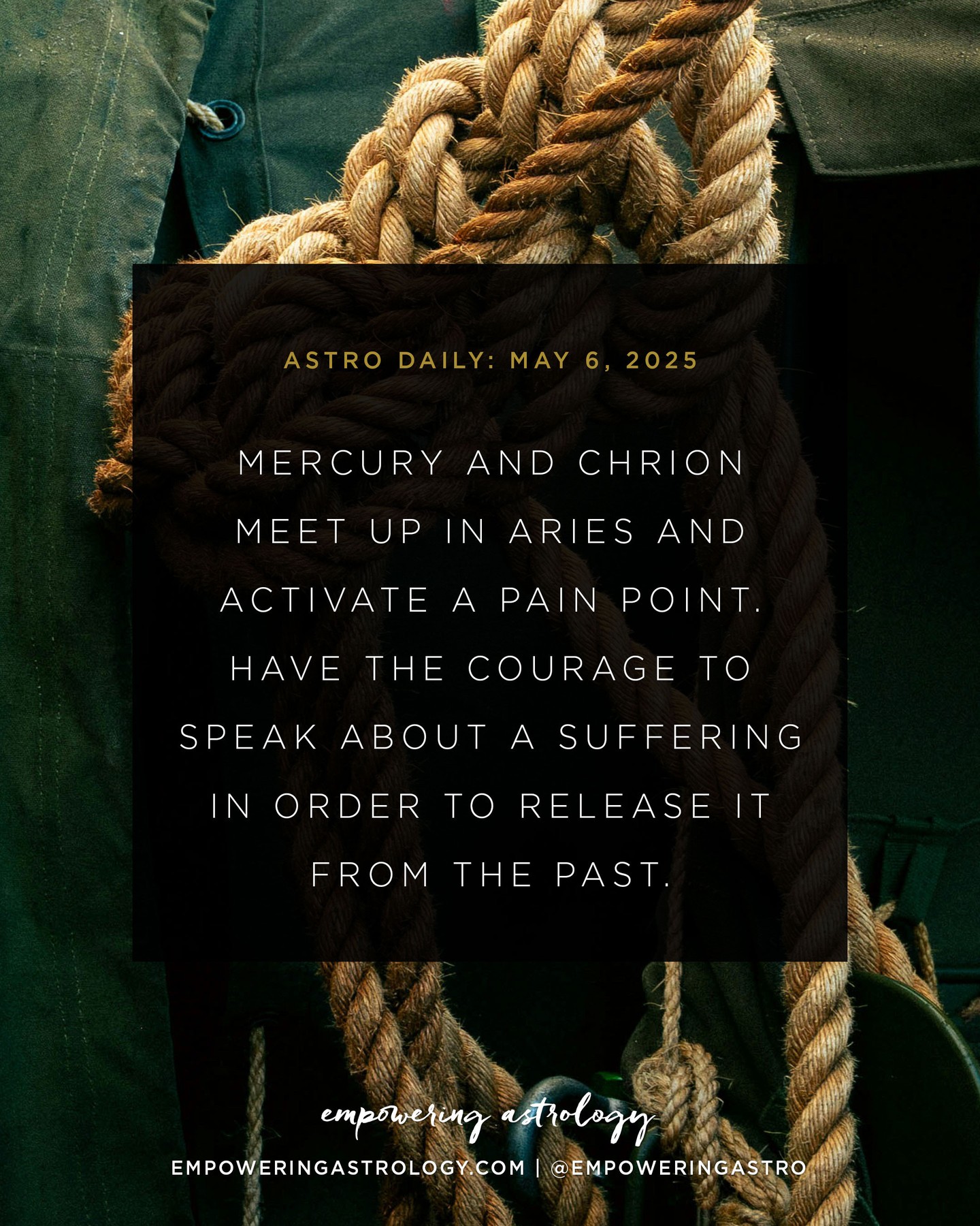 May 6 — Mercury will be out of Aries by the end of the week. But first it meets up with Chiron, a combination that activates an old pain point. Pay attention to the conversations you are having with yourself, especially the old hurts that you may be cycling through in your mind.⁠
⁠
Chiron may be a point of suffering, not unlike a psychic knot that we keep getting entangled in, but it’s also a point of healing. And the beauty of Chiron is to take the things that have made us suffer the most and use them like medicine to help and inspire others.⁠
⁠
Have the courage to speak your pain today. In revealing something about yourself, you may give hope or motivation to someone suffering similar. ⁠
⁠
For more on today's #astrodaily, go to my website, empoweringastrology.com. You can also book a consultation with me! Click link in profile to learn more about my services.⁠
⁠
If you are in AUSTRALIA or NZ, this forecast applies approximately for May 7, 2025.⁠
⁠
#chironinaries #chiron #taurusseason #sunintaurus #elementearth #venusinpisces #april2025astrology #aprilastrology #empoweringastrology #katiesweetman #astrologyplusconsciousness #holisticastrology #astrologyforecast #soulalchemy #thesoulsjourney #modernmystics #astrology #astrologie #astrologia #astrolog #astrologersofinstagram #horoscope #horoscopes #astrologyposts #dailyhoroscope #dailyastrology⁠
⁠
Image: Mercury and Chrion meet up in Aries and activate a pain point. Have the courage to speak about a suffering in order to release it from the past.⁠
⁠
Photo by Willy the Wizard on Unsplash